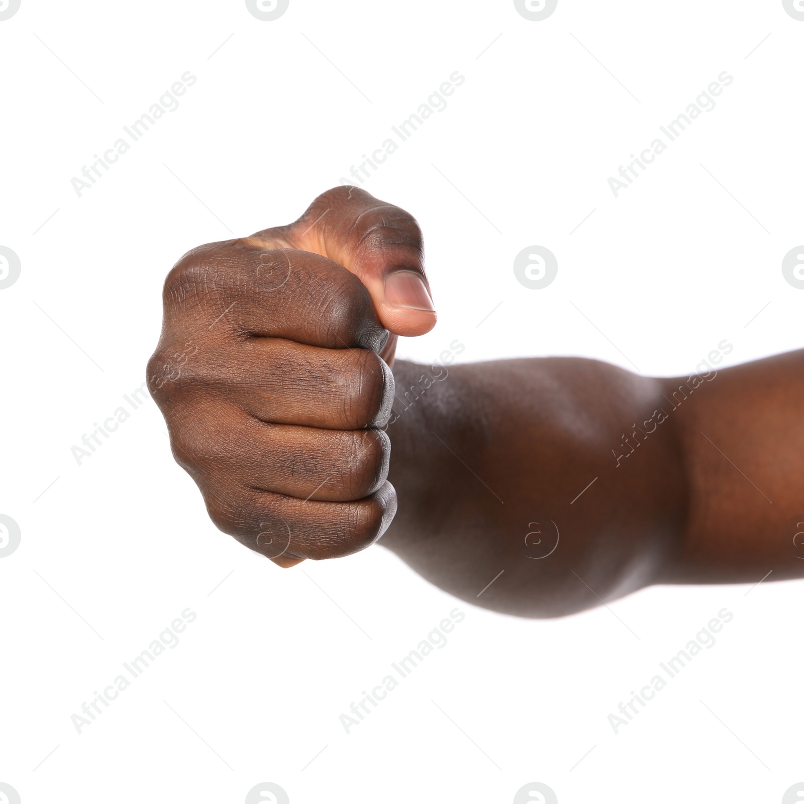 Photo of African-American man showing fist on white background, closeup