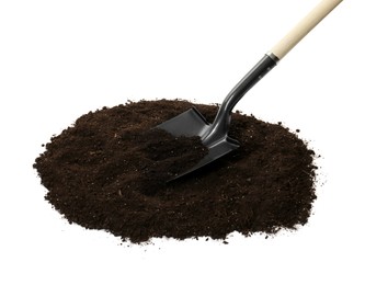 Photo of Shovel and pile of soil isolated on white