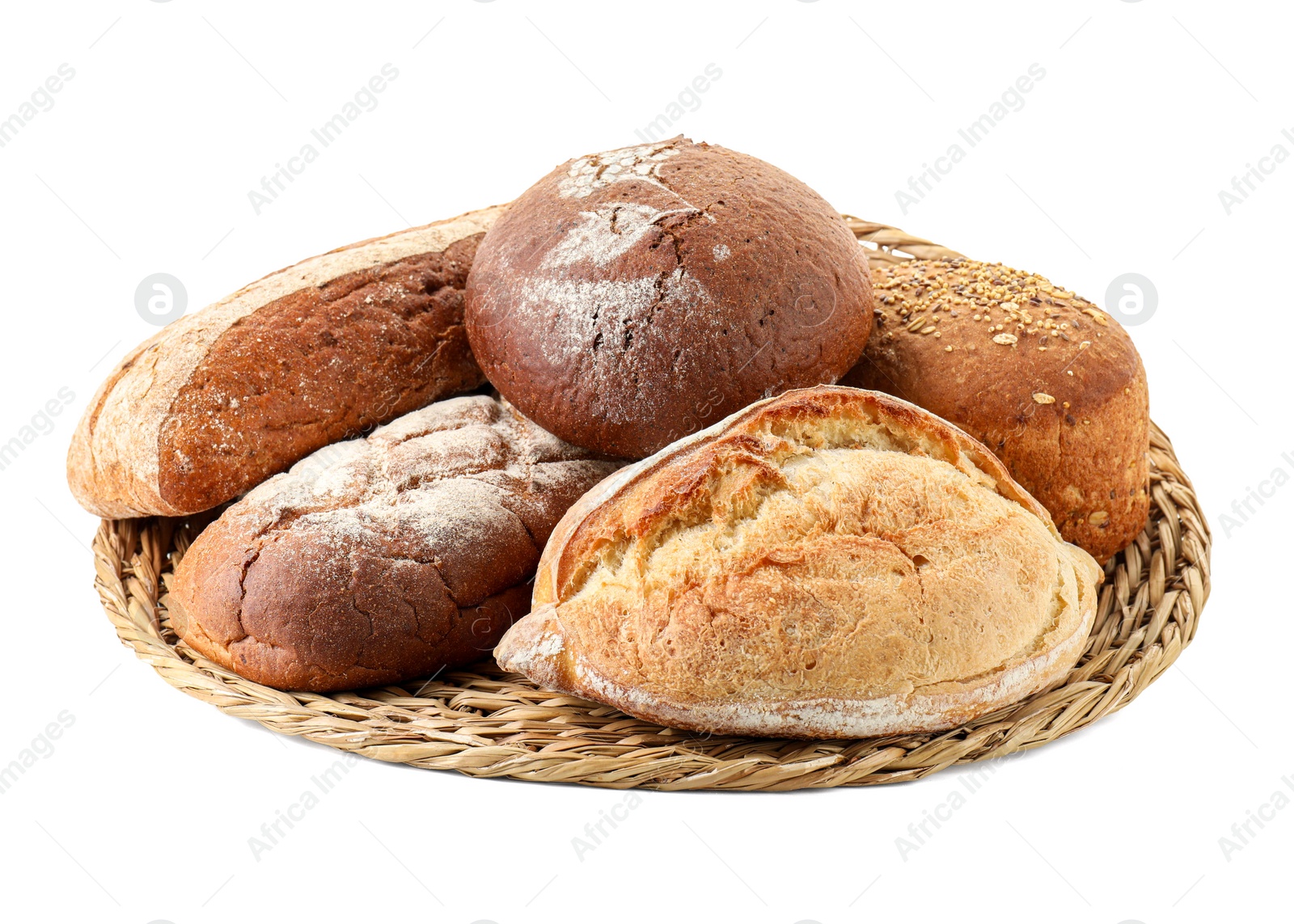 Photo of Wicker basket with different types of fresh bread isolated on white