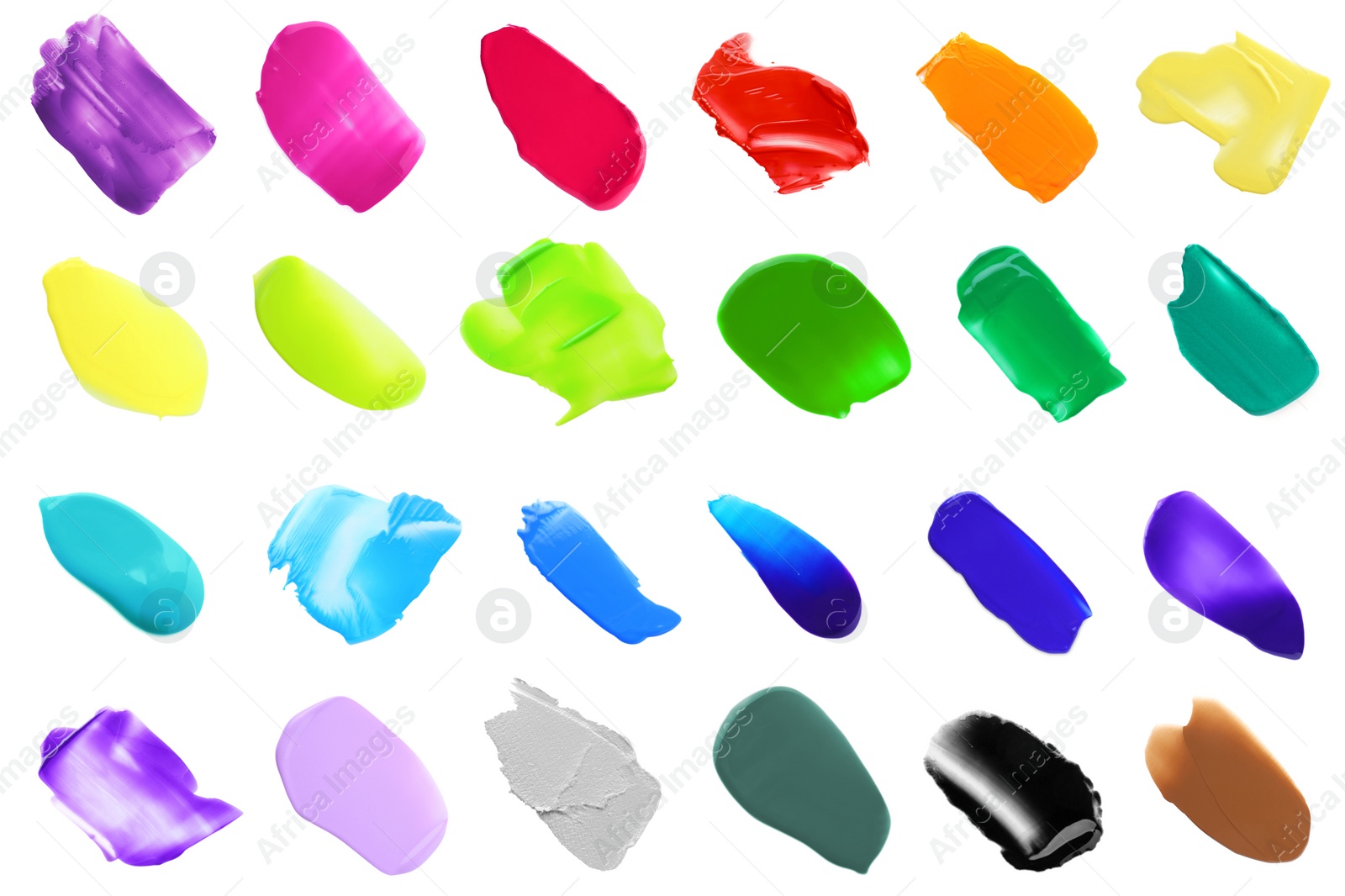 Image of Set with paint samples of different colors isolated on white, top view