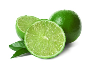 Photo of Fresh ripe green limes on white background