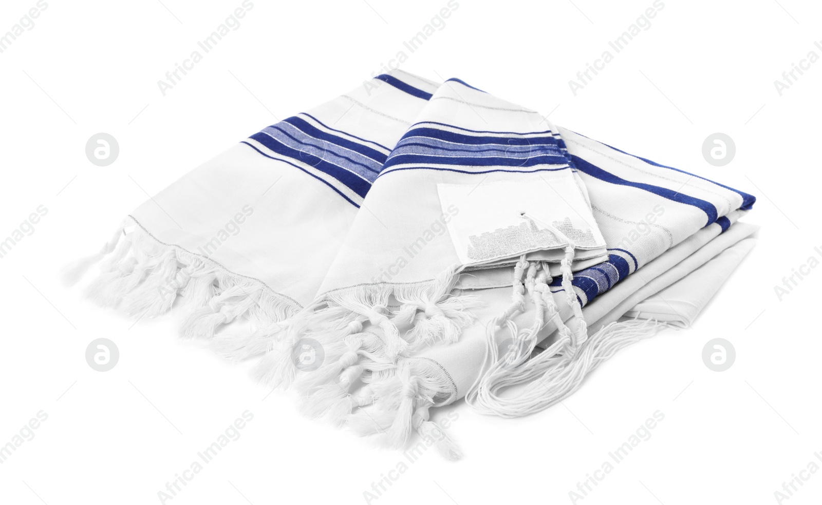 Photo of Tallit isolated on white. Garment for Rosh Hashanah celebration