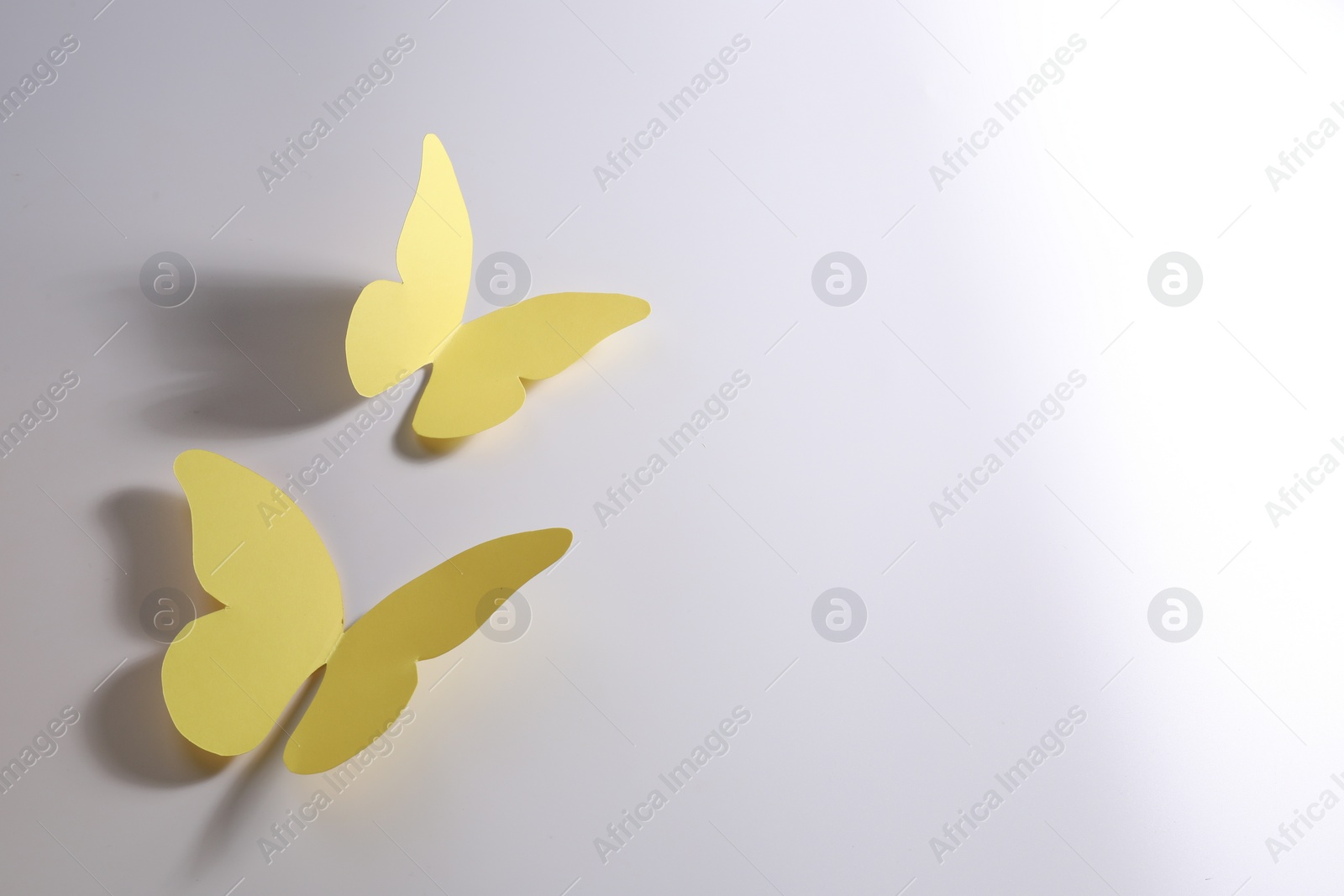 Photo of Yellow paper butterflies on light background. Space for text