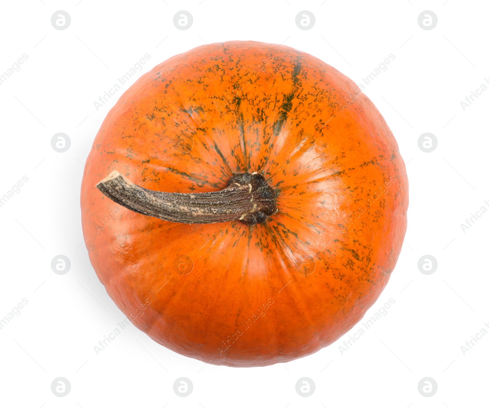 Photo of One fresh orange pumpkin isolated on white, top view