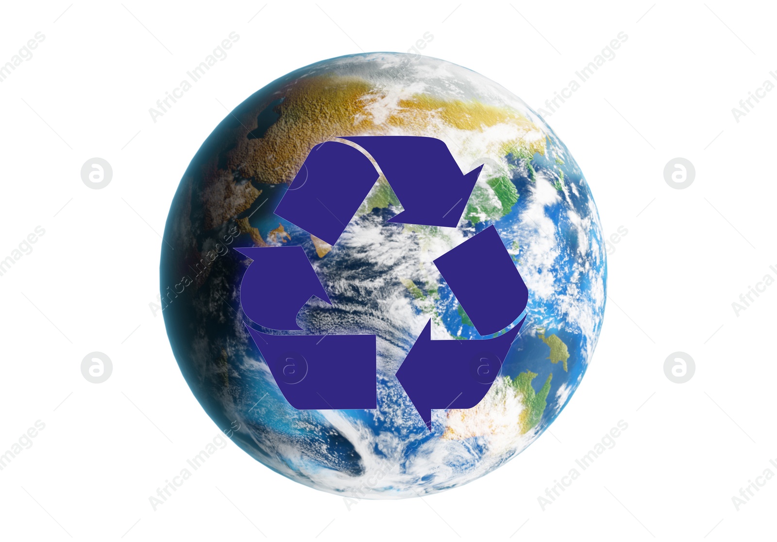 Image of Illustration of recycling symbol and Earth on white background