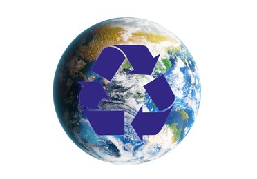 Image of Illustration of recycling symbol and Earth on white background