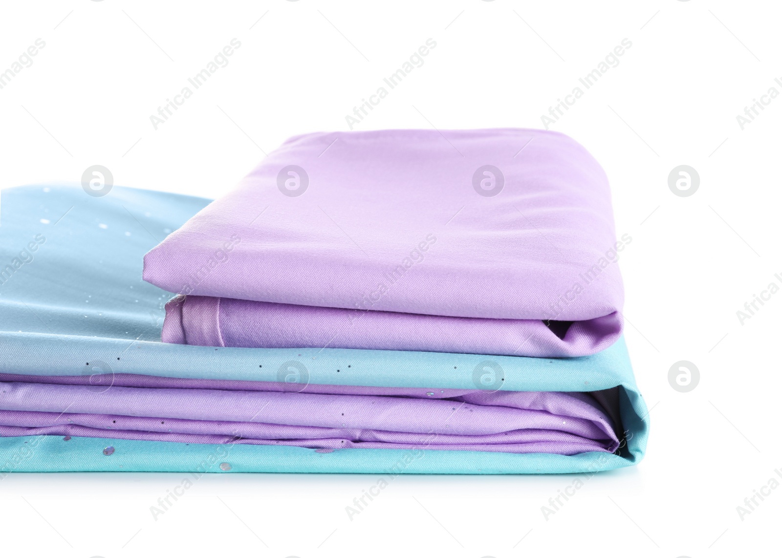 Photo of Stack of clean bed sheets isolated on white