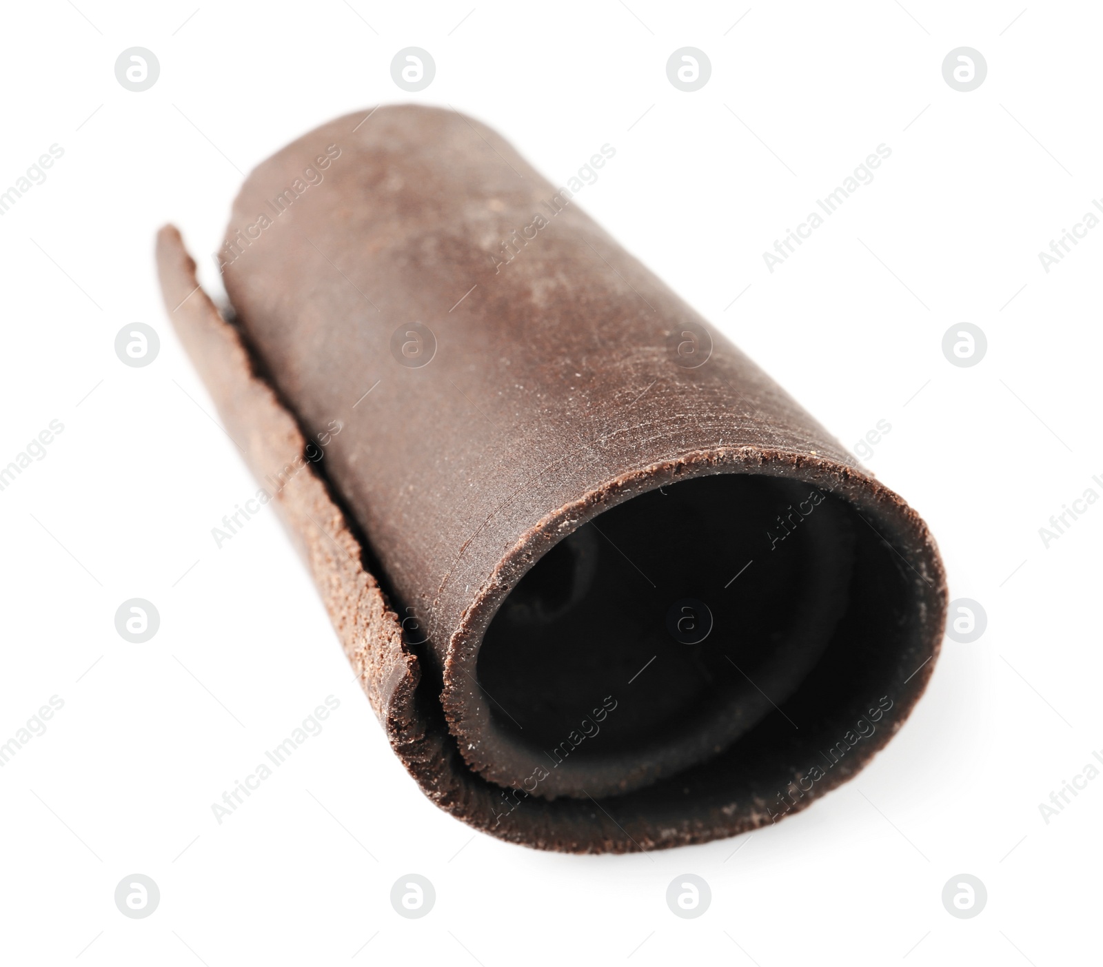 Photo of Yummy chocolate curl for decor on white background