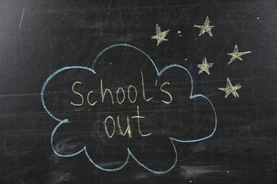 Photo of Text School's Out and drawings on black chalkboard. Summer holidays
