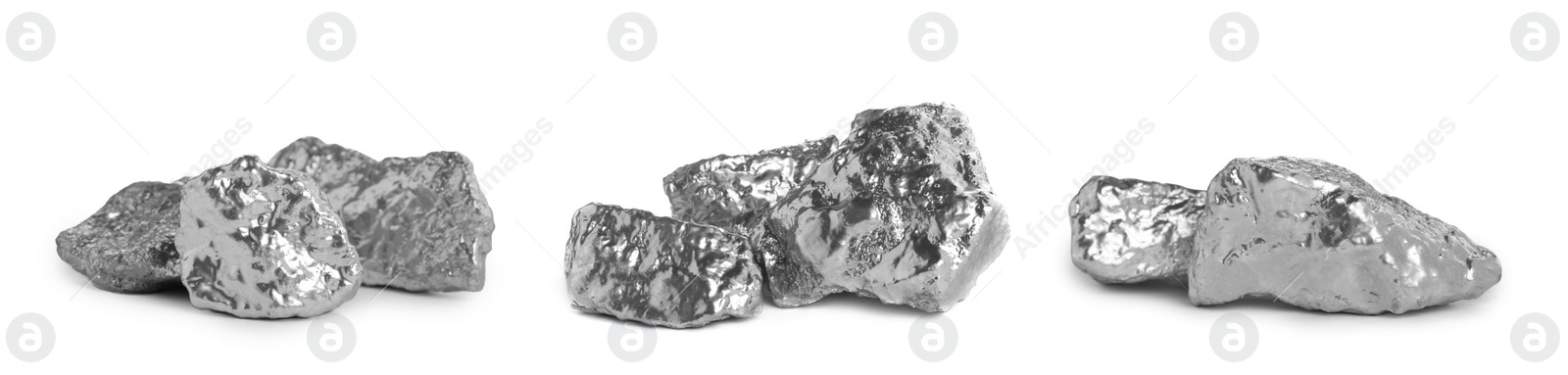 Image of Set of silver nuggets on white background