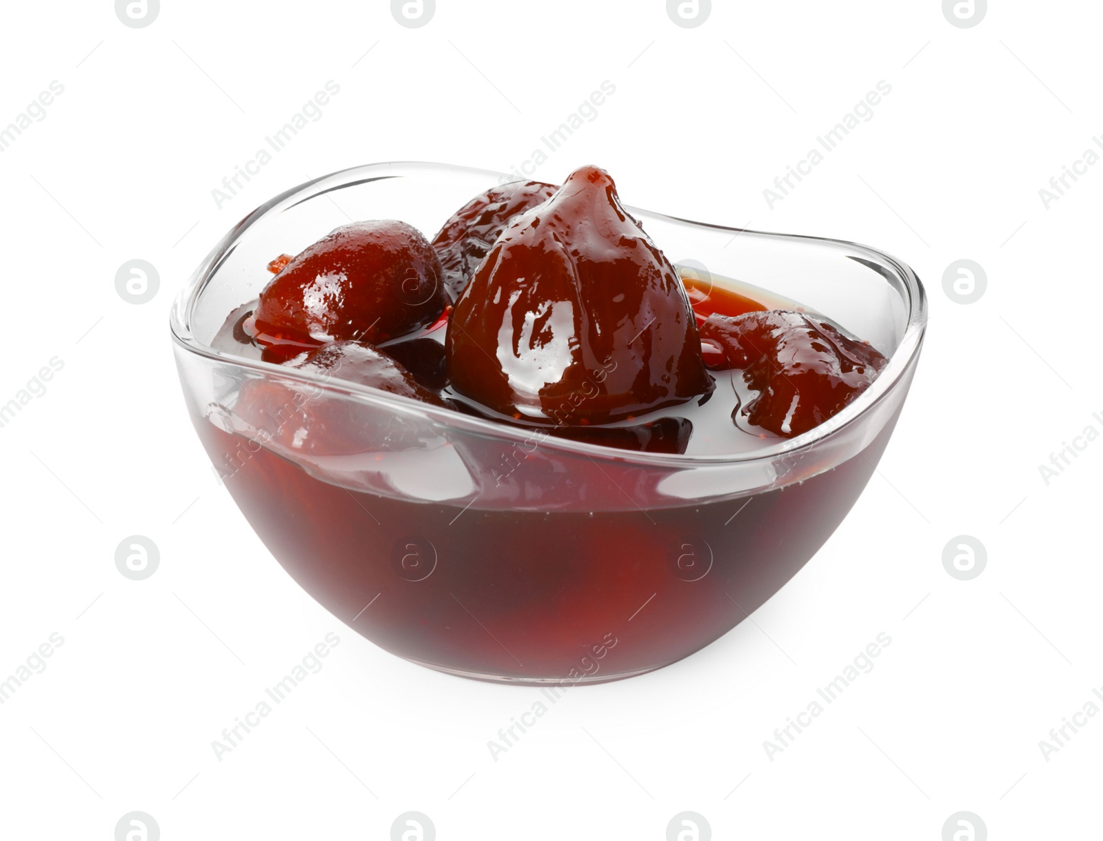 Photo of Bowl of tasty sweet fig jam isolated on white