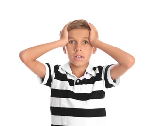 Adorable little boy in casual clothes on white background