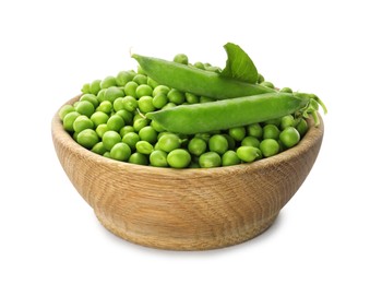 Photo of Fresh raw green peas in wooden bowl isolated on white