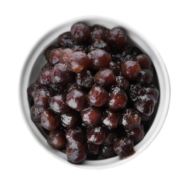 Tapioca balls for milk bubble tea in bowl isolated on white, top view