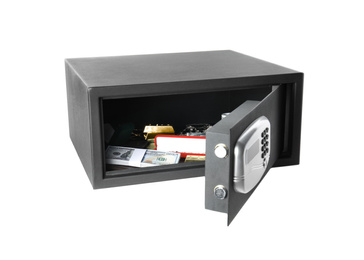 Photo of Open steel safe with money and jewelry isolated on white