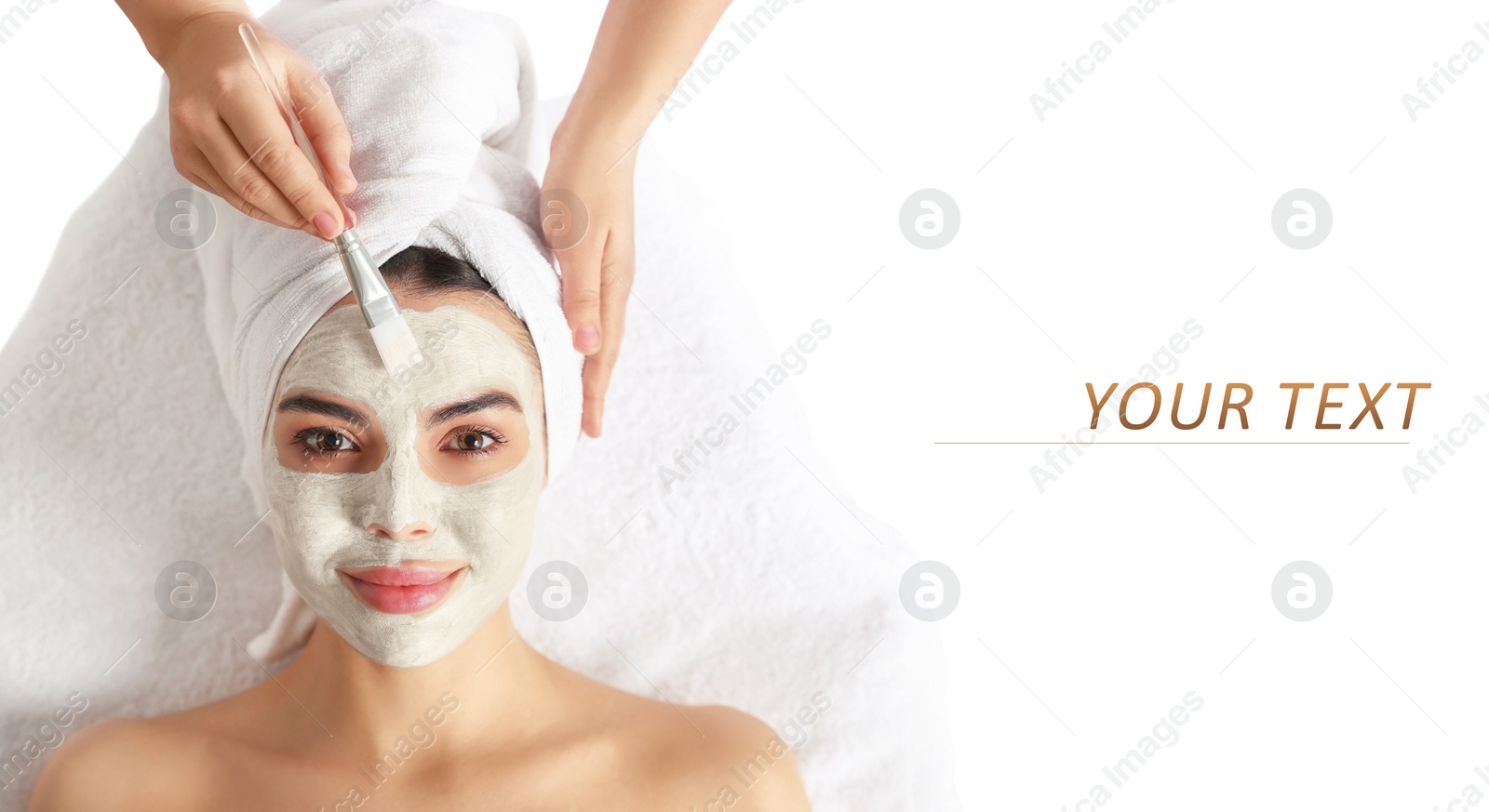 Image of Cosmetologist applying mask on woman's face, top view. Spa salon advertising, space for design