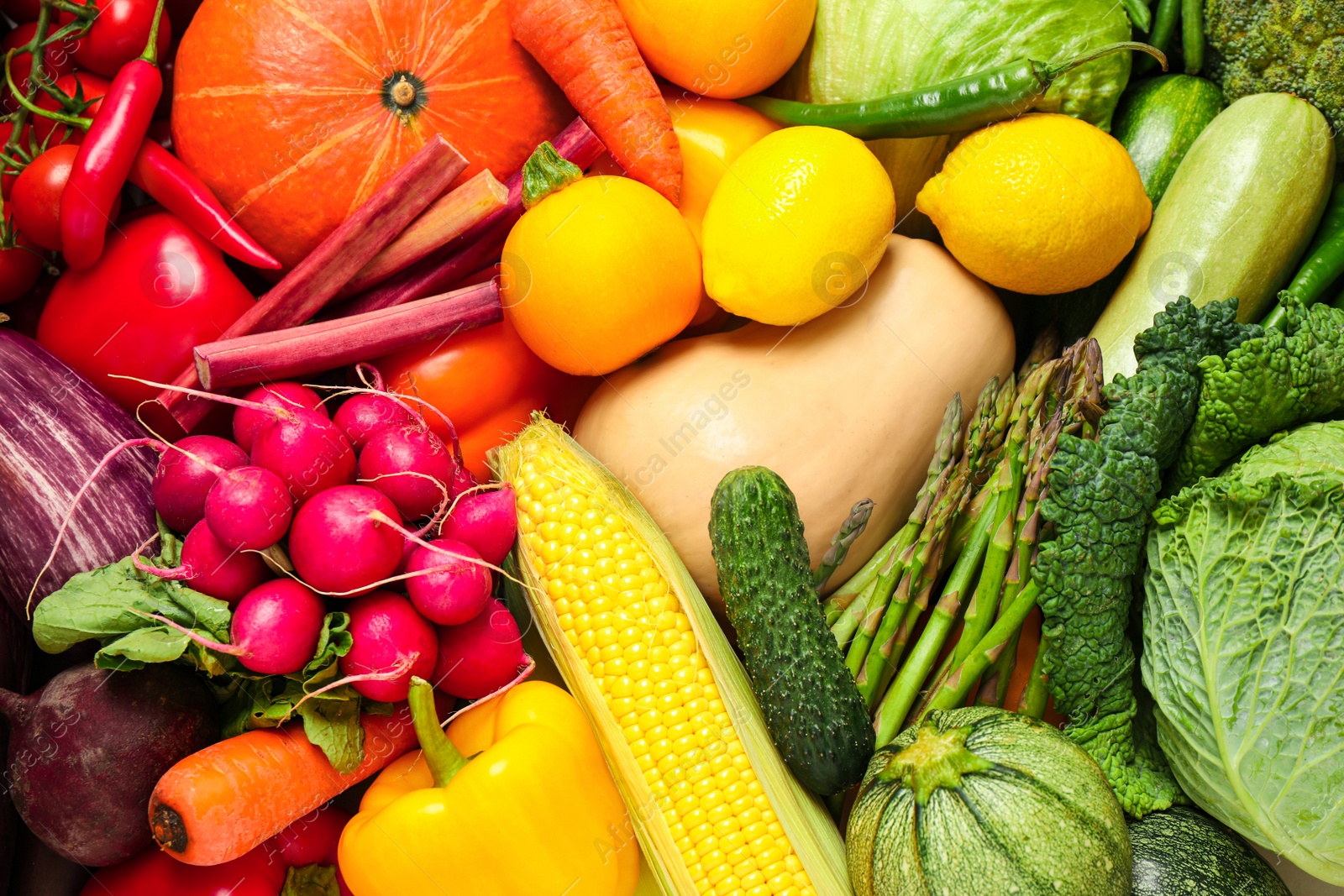 Photo of Many fresh vegetables as background, top view