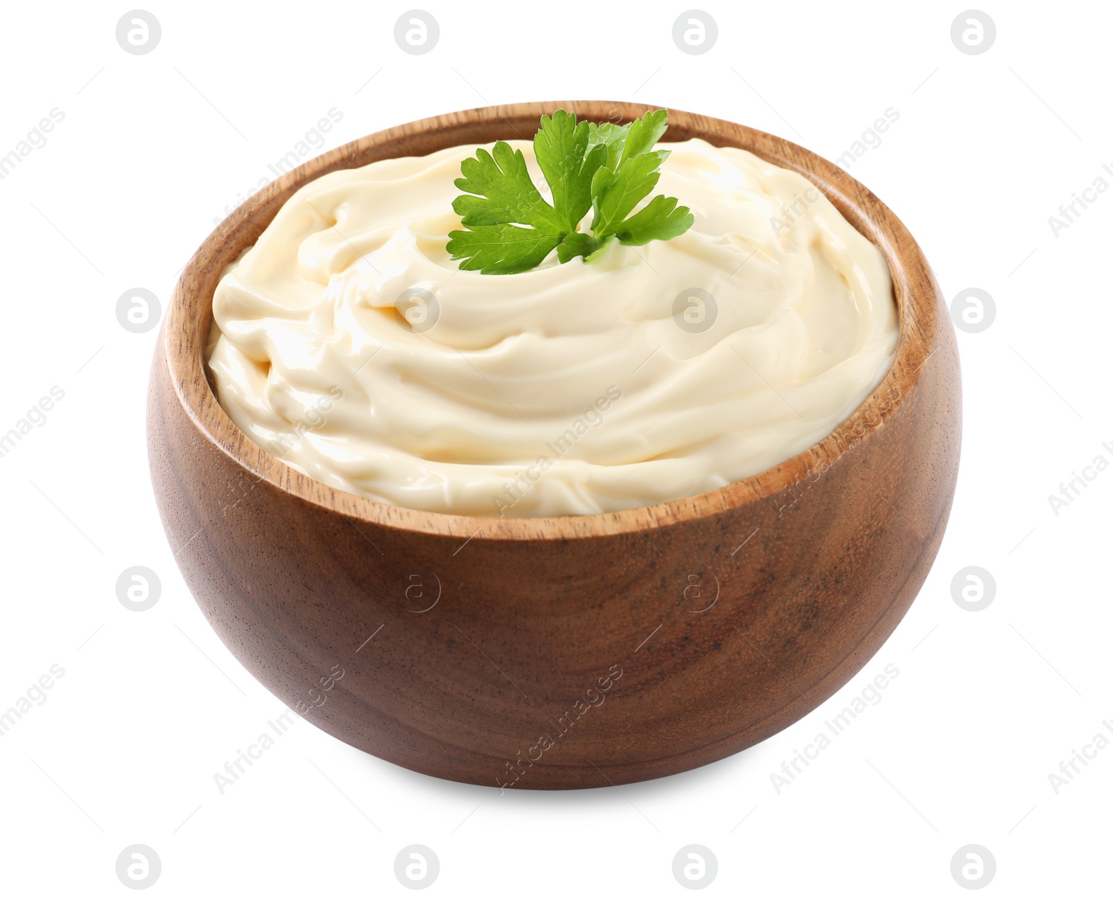 Photo of Bowl with delicious mayonnaise and parsley isolated on white