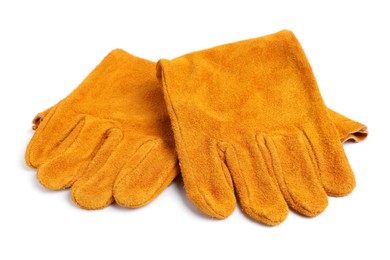 Orange protective gloves on white background. Safety equipment