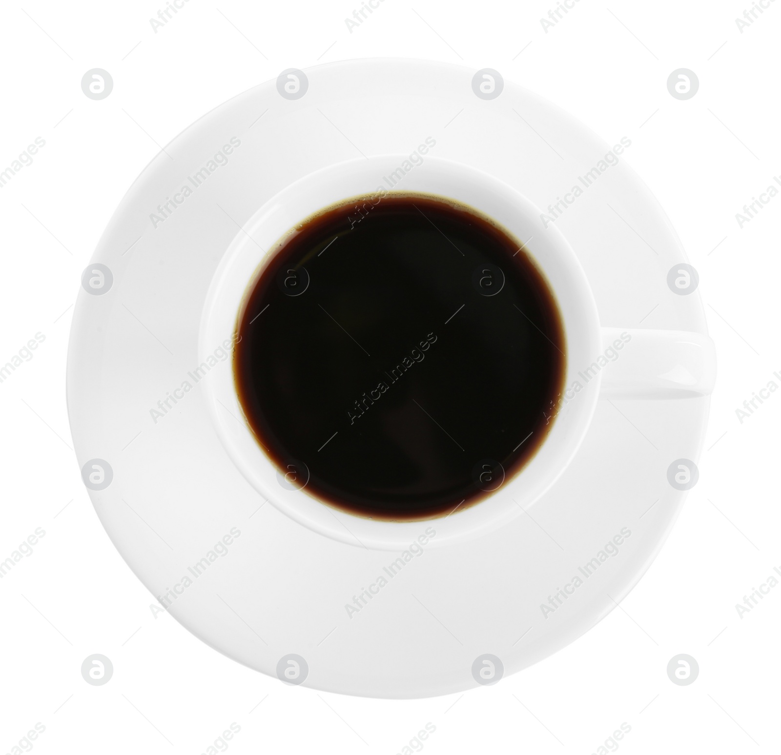 Photo of Cup of tasty coffee isolated on white, top view