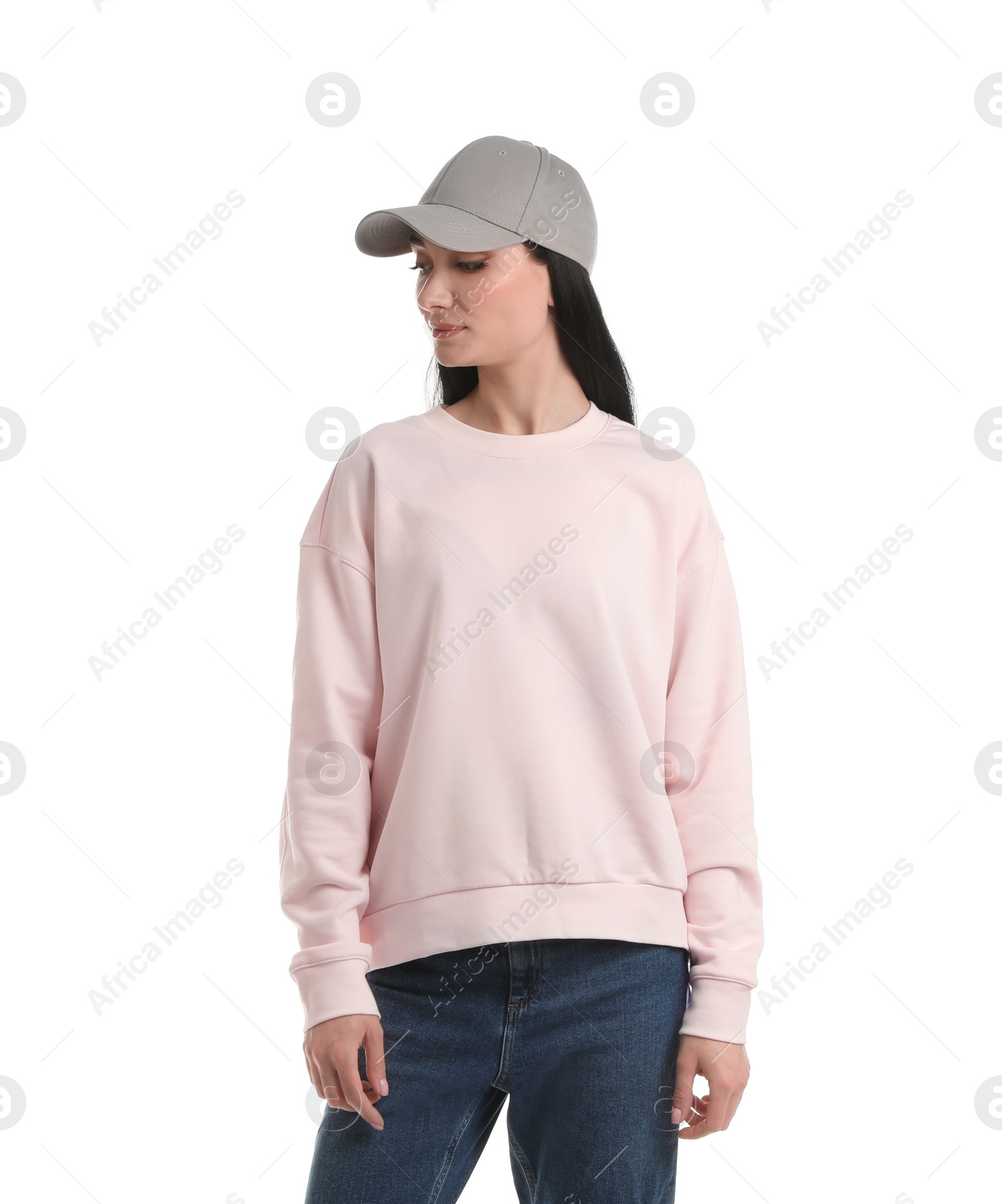 Photo of Portrait of young woman in sweater isolated on white. Mock up for design