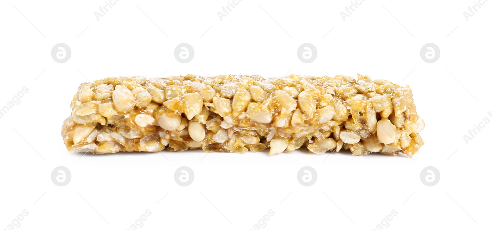 Photo of Tasty sunflower seed bar isolated on white