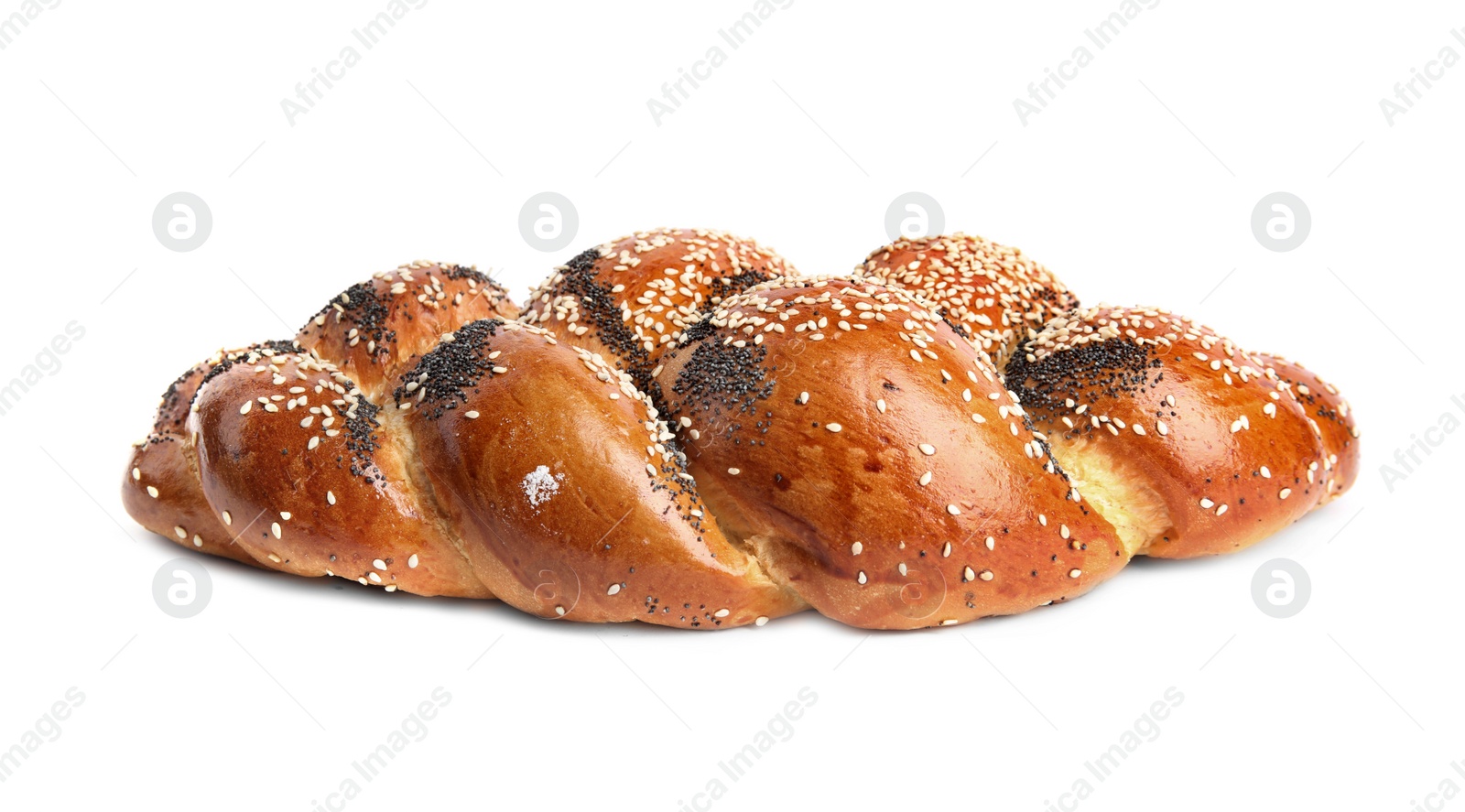 Photo of Fresh pastry with sesame and poppy seeds on white background