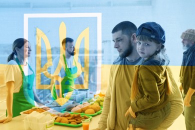Image of Double exposure of refugees receiving food from volunteers and Ukrainian flag. Help during war