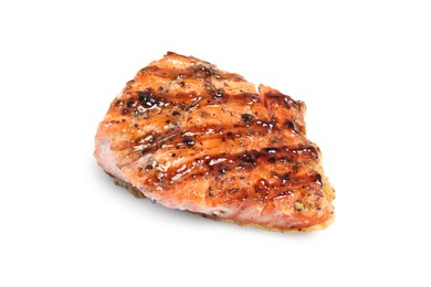 Photo of Piece of tasty grilled salmon on white background