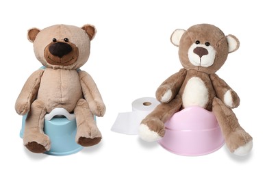 Image of Baby potties with toy bears and toilet paper isolated on white