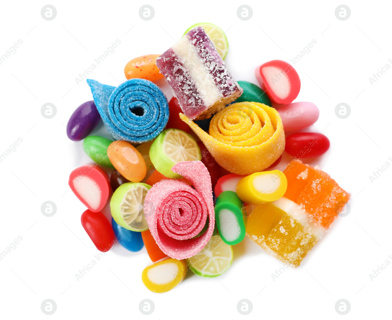 Photo of Pile of delicious colorful chewing candies on white background, top view