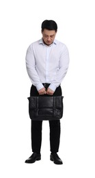 Photo of Tired businessman with briefcase posing on white background