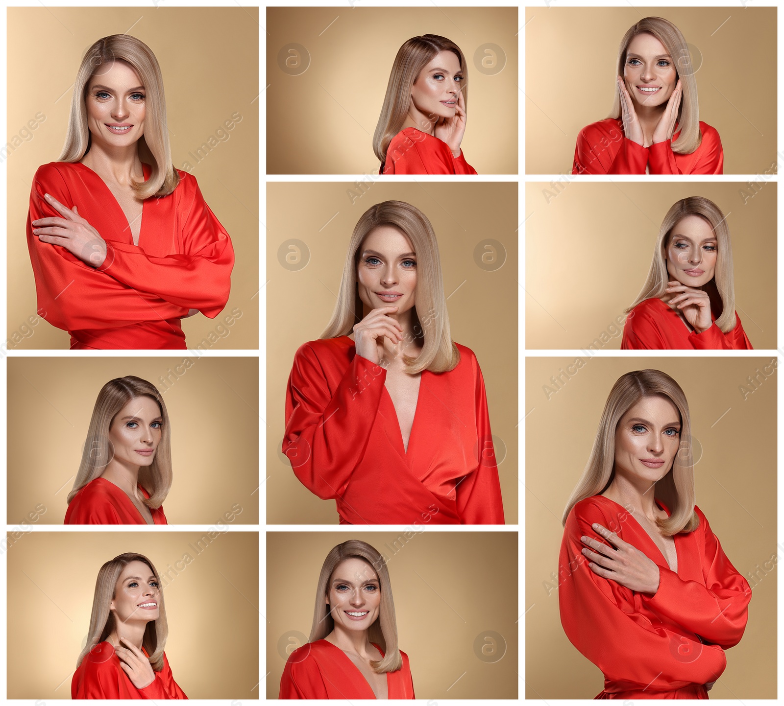 Image of Beautiful woman with hairstyling on beige background. Collage of photos