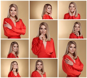 Beautiful woman with hairstyling on beige background. Collage of photos