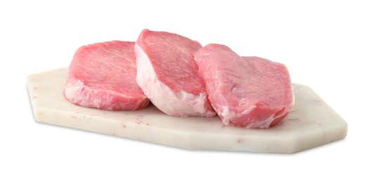 Photo of Board with pieces of raw pork meat isolated on white