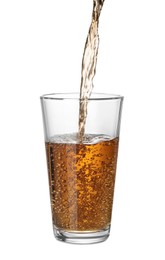 Photo of Pouring fresh juice into glass on white background