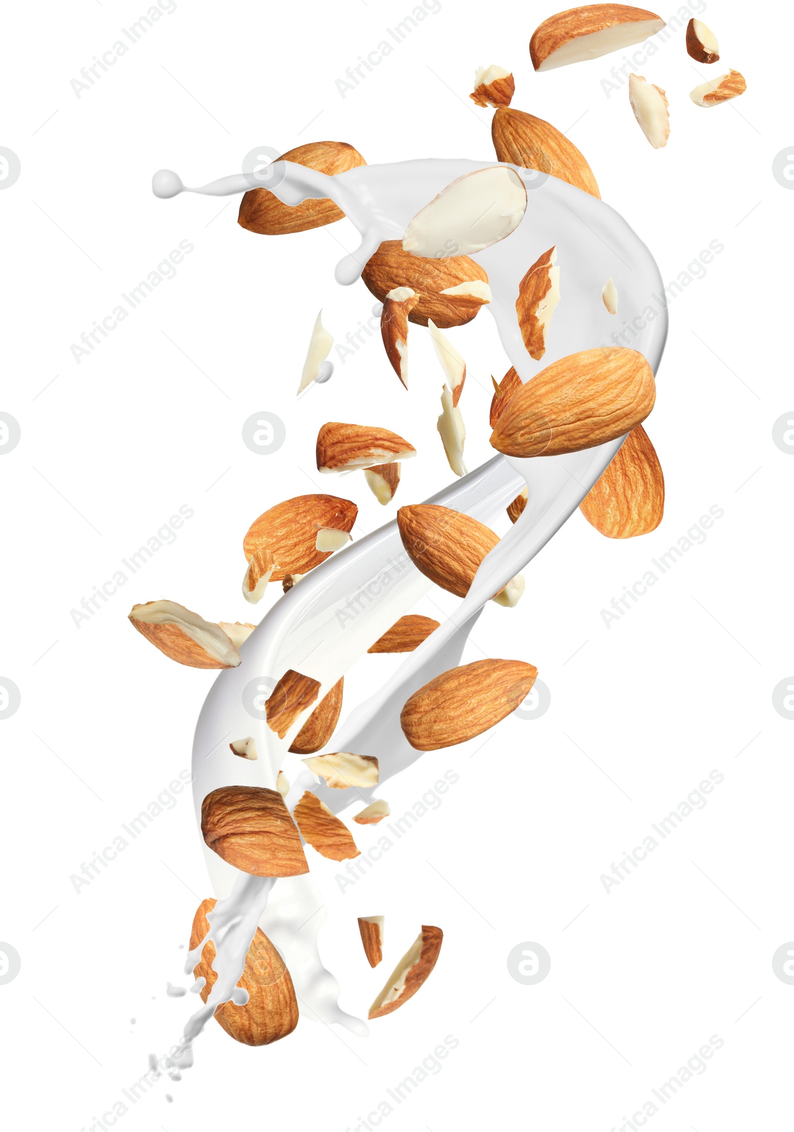 Image of Delicious almond milk and nuts on white background