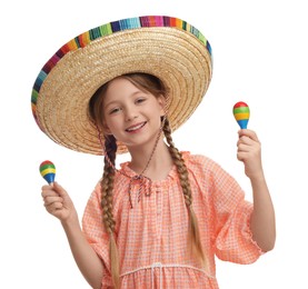 Cute girl in Mexican sombrero hat with maracas on white background