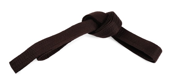 Photo of Brown karate belt isolated on white. Martial arts uniform