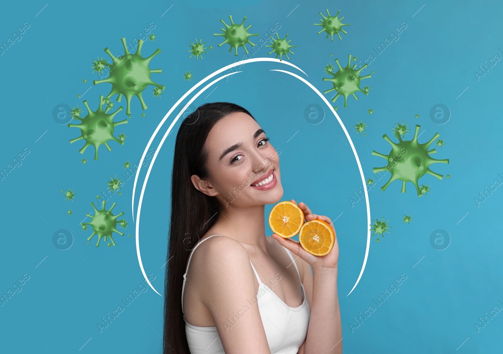Image of Happy woman with orange on pink background. Healthy diet - strong immunity