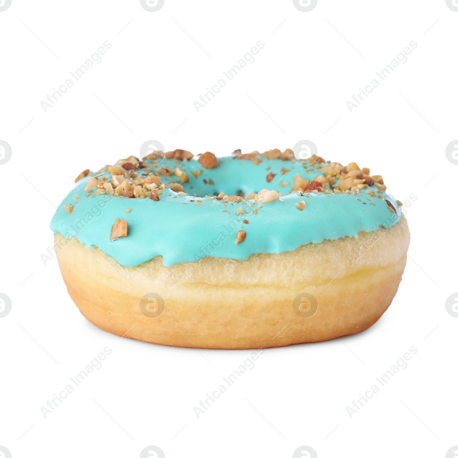 Photo of Tasty glazed donut decorated with nuts isolated on white