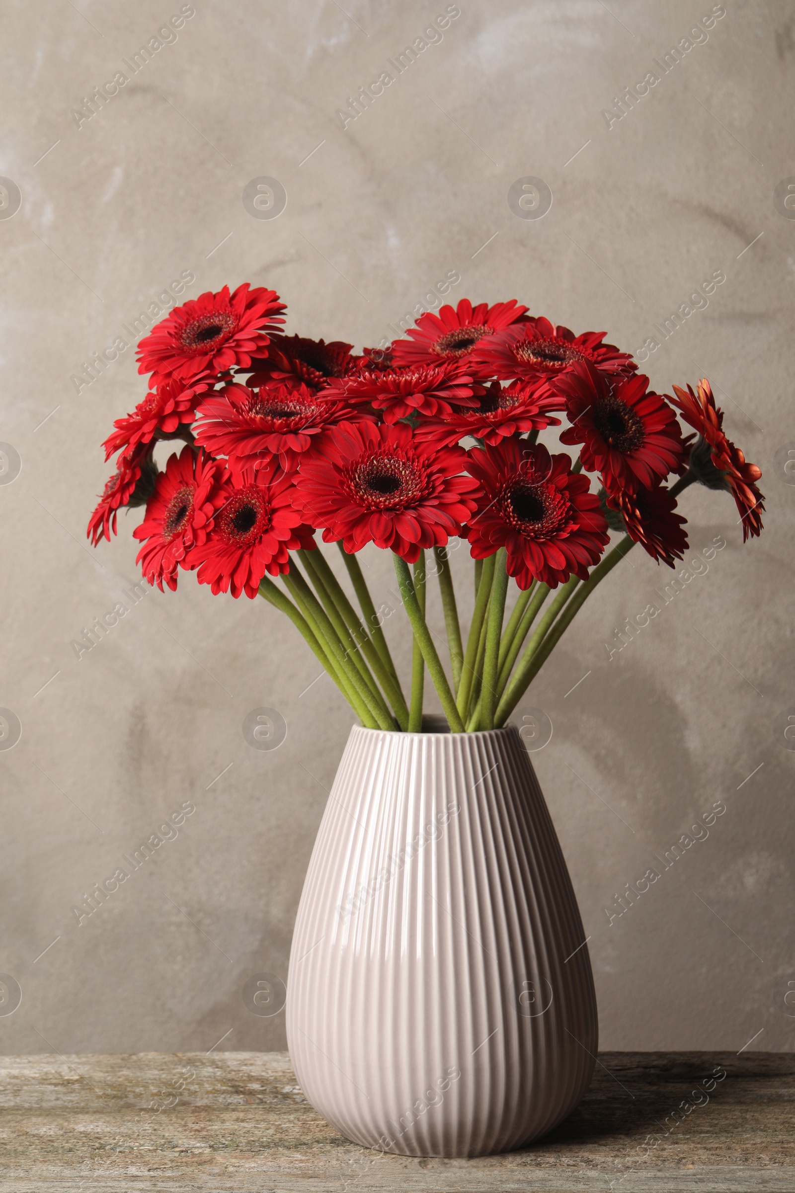 Photo of Bouquet of beautiful red gerbera flowers in ceramic vase on wooden table