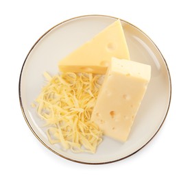 Photo of Grated cheese and pieces of one isolated on white, top view