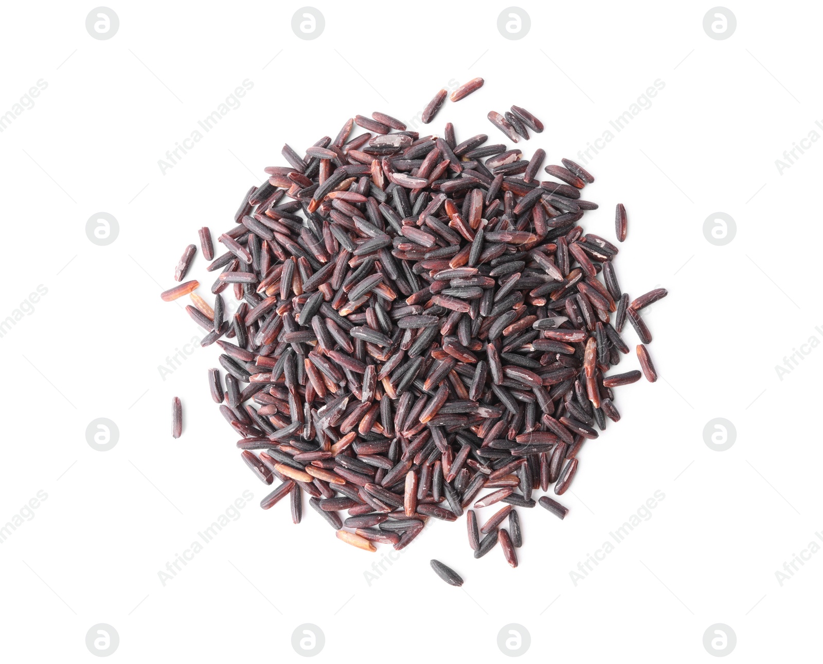 Photo of Uncooked organic brown rice isolated on white, top view