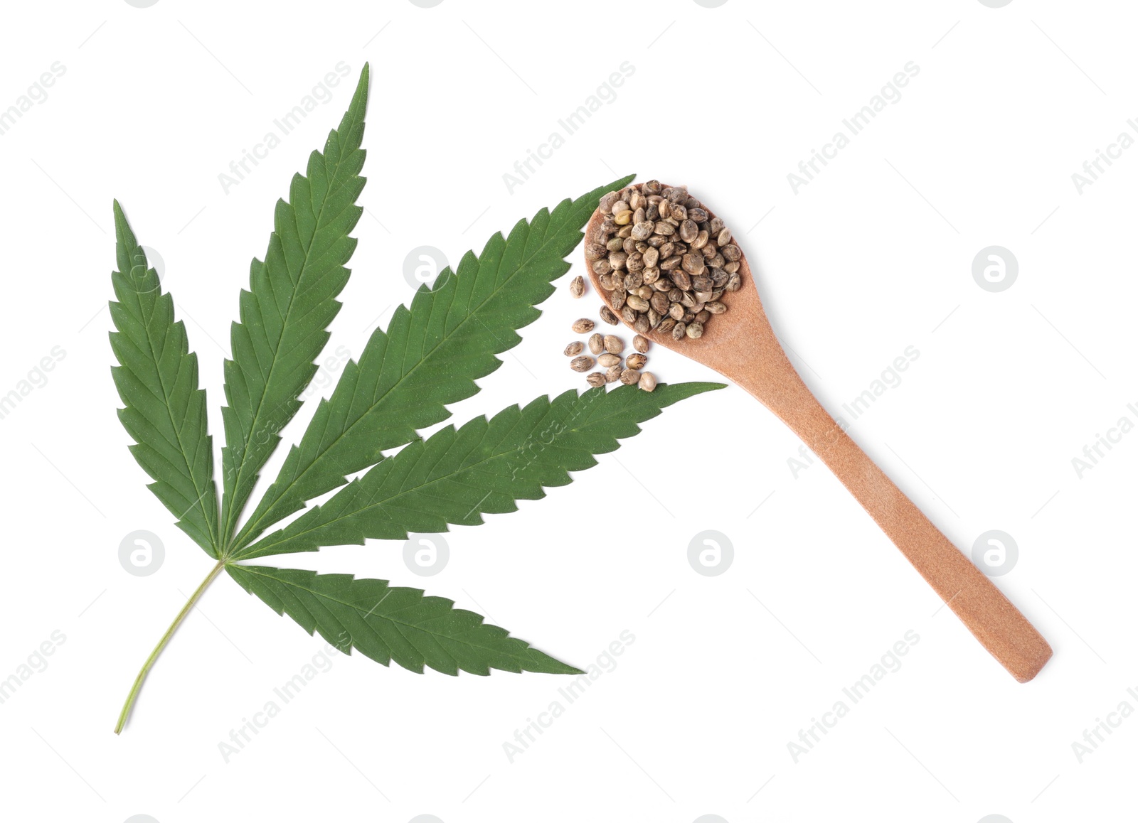 Photo of Fresh green hemp leaf and spoon with seeds on white background, top view