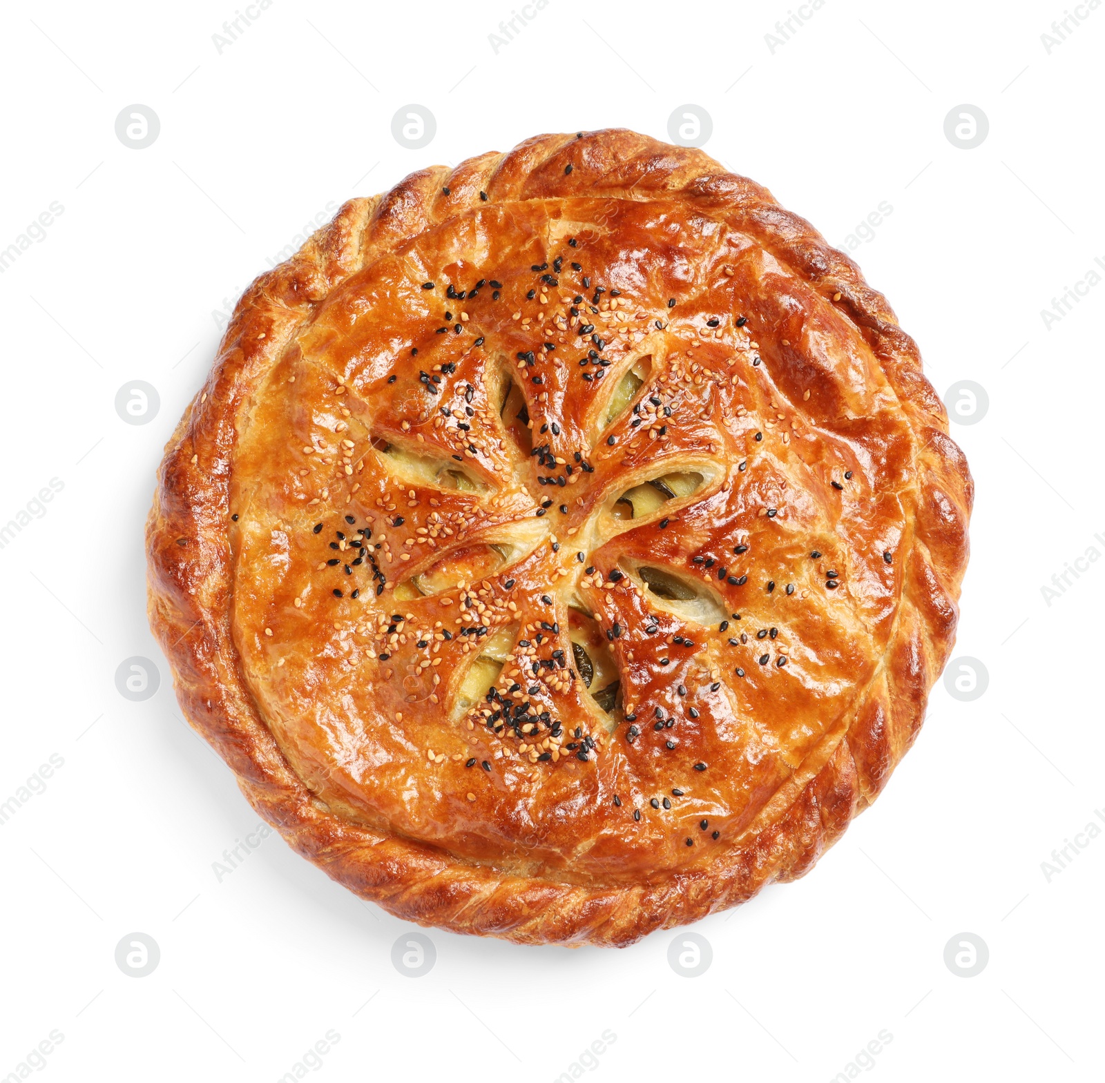 Photo of Tasty homemade pie with filling isolated on white, top view