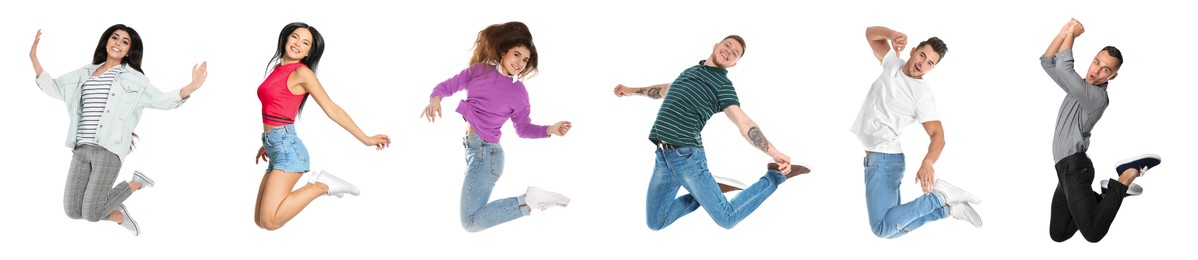 People jumping on white background, collage with photos