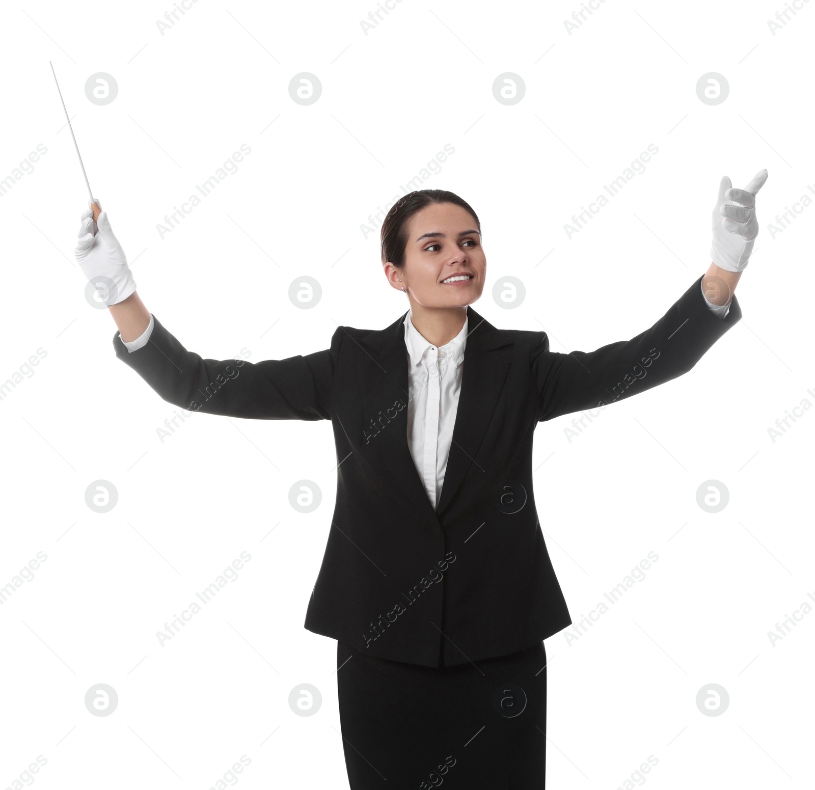 Photo of Happy young conductor with baton on white background