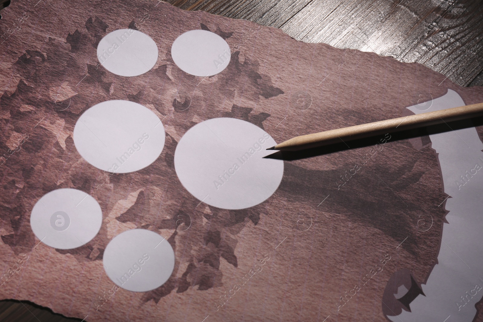 Photo of Blank family tree and pencil on wooden table, closeup