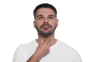 Photo of Endocrine system. Man doing thyroid self examination on white background